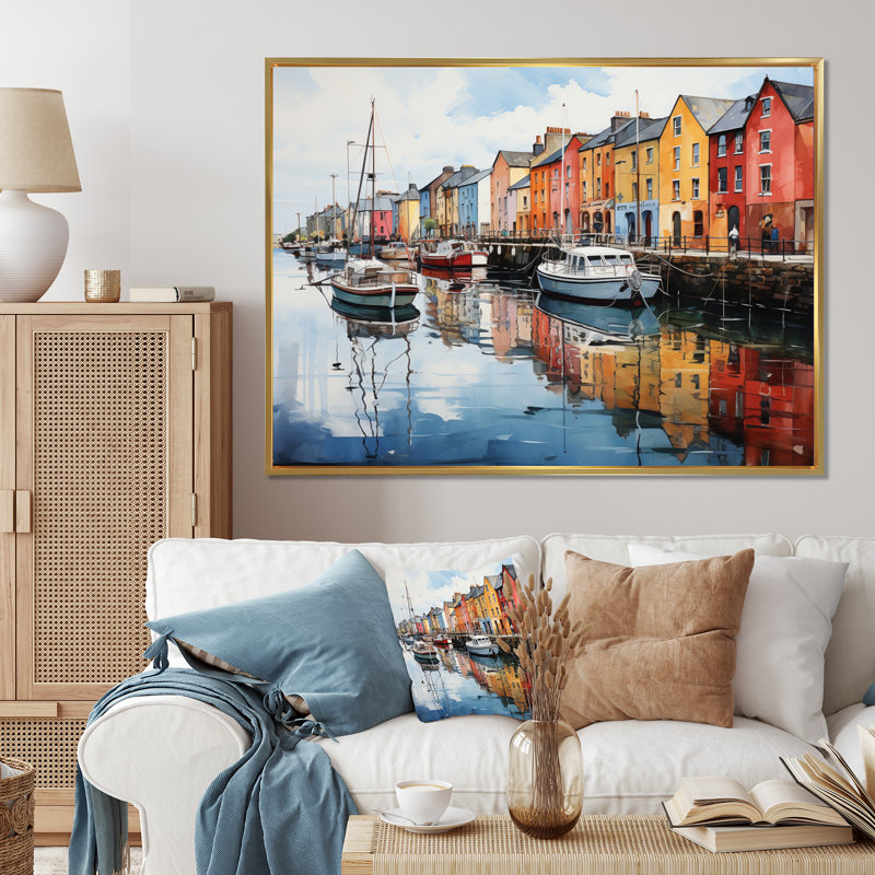 Impression sur toile «Ireland Harbor Reflectionsan II» - Irlande, Cadre flottant doré, H 16 po x l 32 po x P 1 po