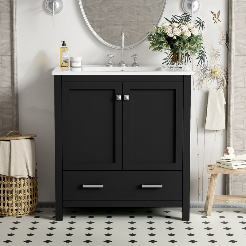 Meuble-lavabo 30 po avec lavabo simple, Noir, Argent argent