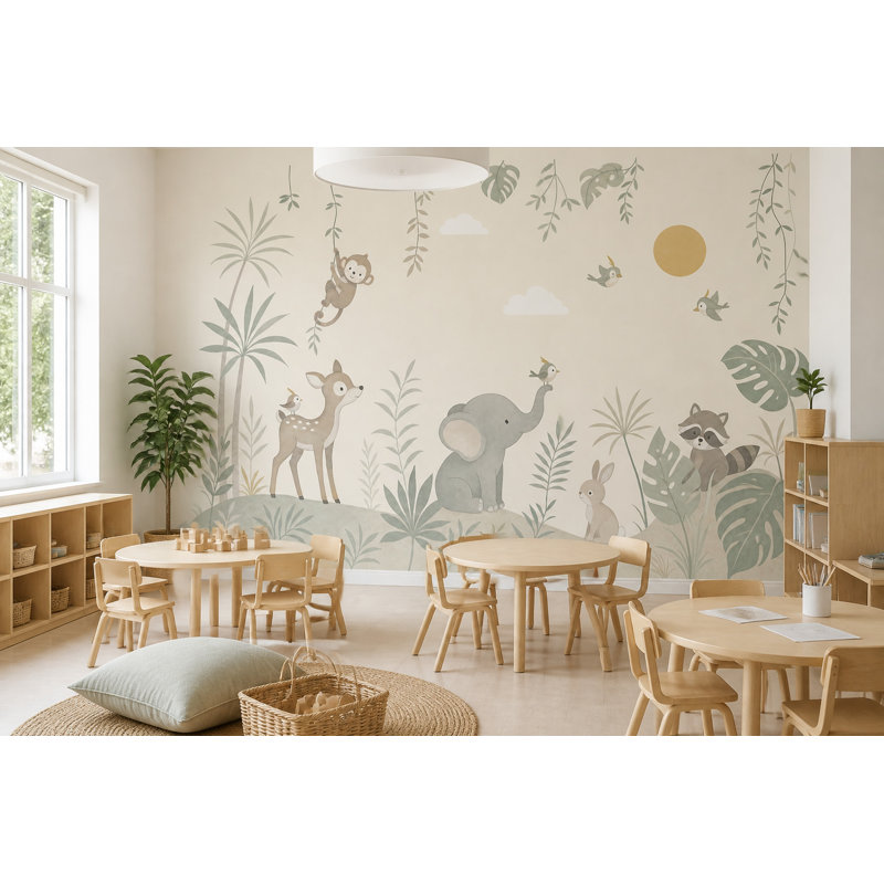 Papier peint Jungle Nursery, animaux tropicaux, aquarelle, 100"x96", Peler et coller