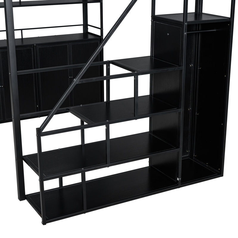 Lit mezzanine en métal noir avec rangement satisfaisant - escalier, garde-robe, tablettes, casiers pleine grandeur, Noir