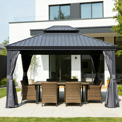 Pavillon de jardin extérieur de 13 X 15 pi, pavillon de jardin à toit rigide avec double toit en acier galvanisé, pavillons de jardin en métal avec système de drainage pour terrasse de patio, rideau et filet