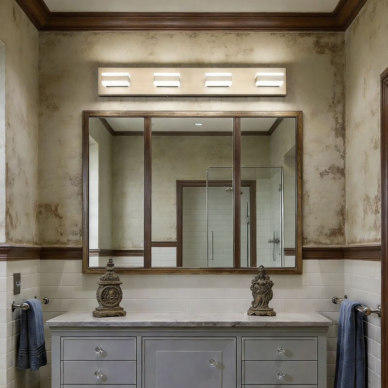 Luminaire de salle de bain moderne à 4 lumières avec éclairage à DEL à intensité variable et finition nickel brossé pour installation au-dessus d'un miroir