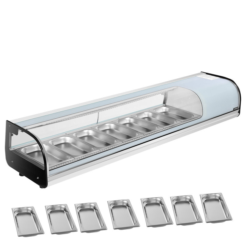 Réfrigérateur à vitrine à sushi, caisse à sushi commerciale de 2,5 pieds cubes, vitrine de comptoir à 7 plaques avec verre courbé, éclairage DEL et contrôle numérique de la température, pour bar à sushi, restaurant, magasin
