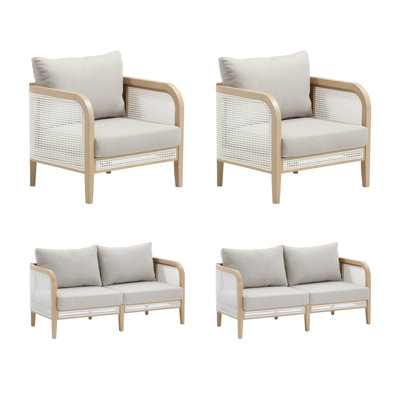 4-Piece Conversation Patio Set, Bohemian Wooden Outdoor Loveseat And Chairs With Cushions