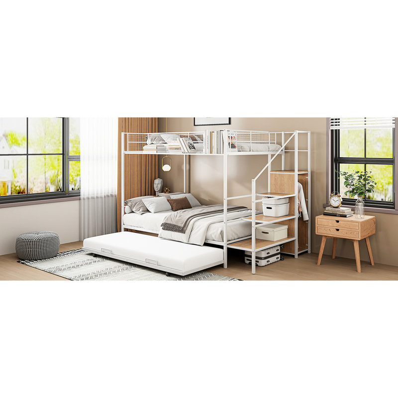 Lit superposé simple au-dessus d'un lit double en blanc avec lit gigogne et options de rangement pratiques, Blanc