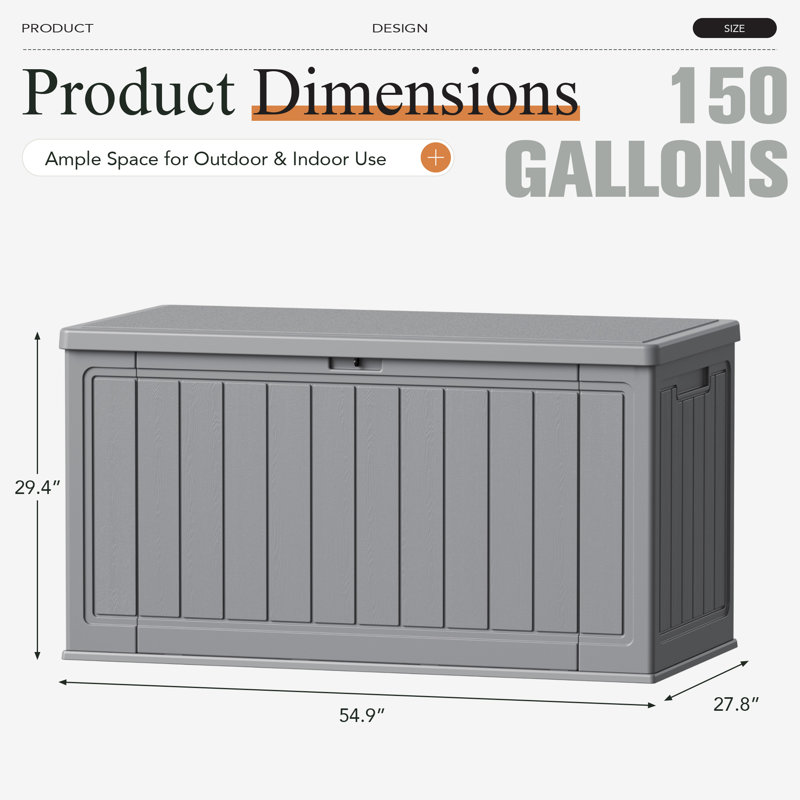 150 Gallon Resin Lockable Deck Box With Dividers, Outdoor Waterproof Patio Furniture, Gray