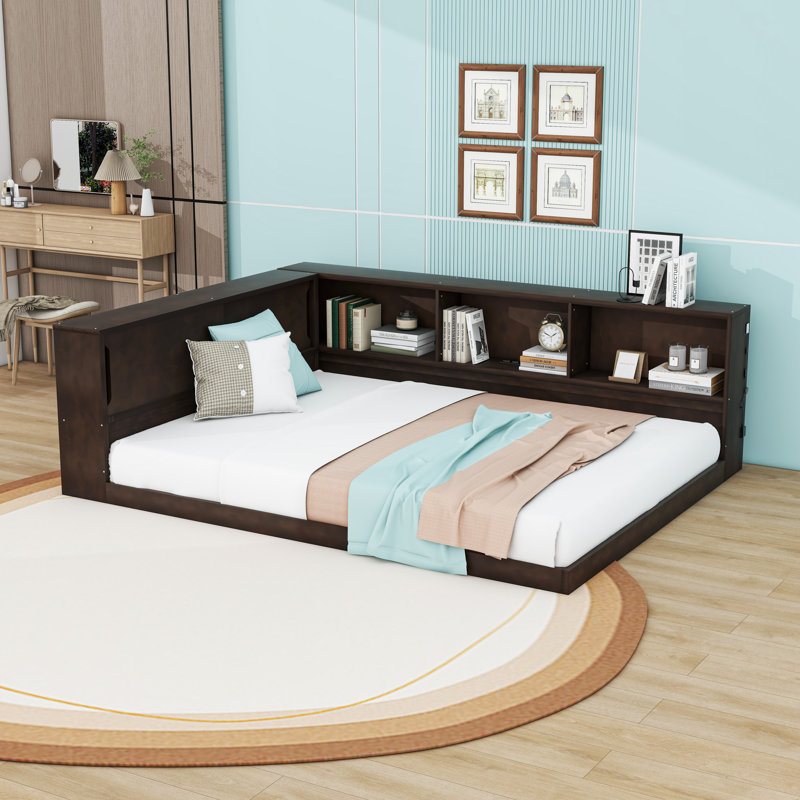 Queen Wooden Daybed with Light Strip, USB Ports and Shelves, Brown