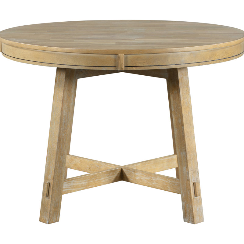 Table ronde en bois massif, extensible avec aspect délavé naturel, feuille de 16 po, 6 sièges de table de salle à manger élégants disponibles - apparence