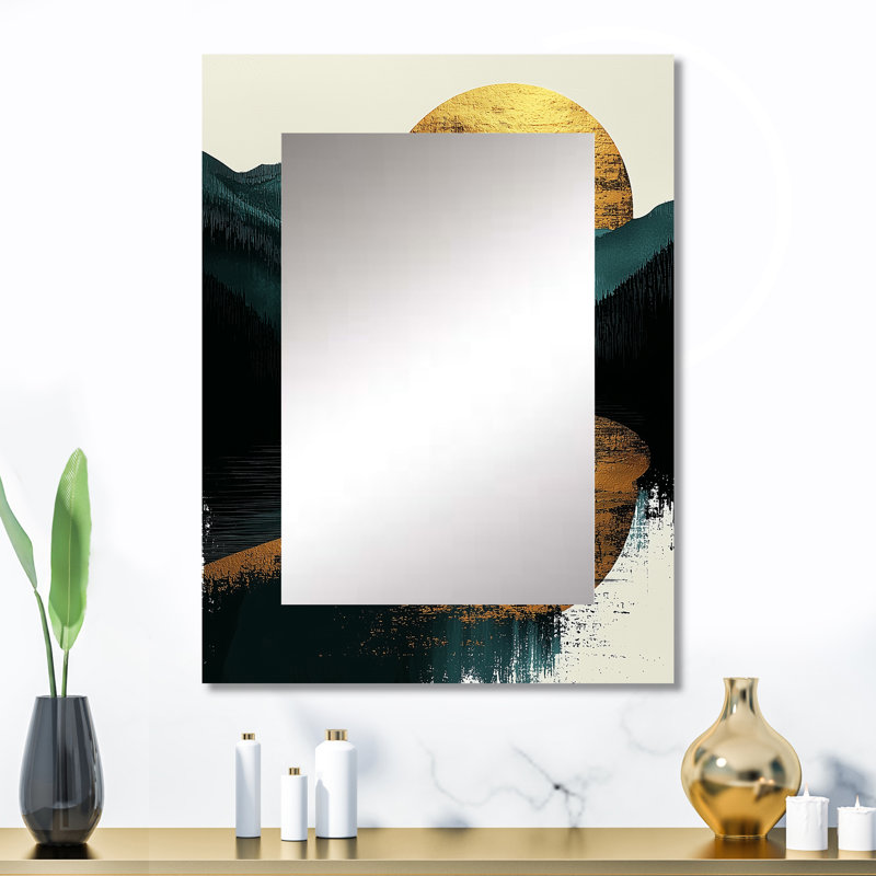 Lever de soleil sur la forêt et les pics Solitude Horizon I - miroir de paysages, miroir mural moderne unique, impression d'art en métal