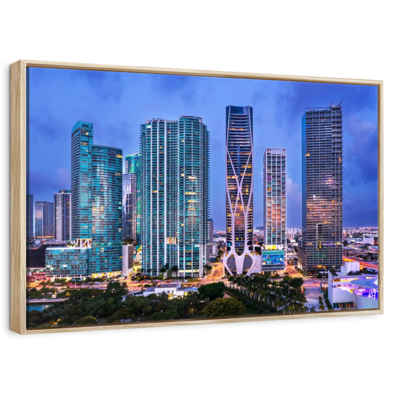 Vue aérienne du centre-ville de Miami, Cadre flottant en bois naturel, 13 po x 9 po