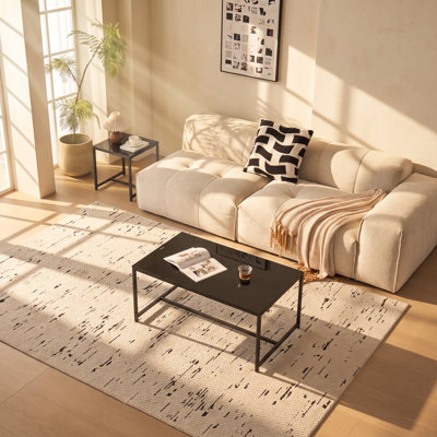Table basse moderne en verre trempé, 100 cm (L) x 60 cm (P) x 45 cm (H), structure en métal noir