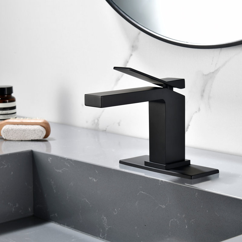 Robinet de lavabo de salle de bain monocorps à poignée simple avec ensemble de drain optionnel, Noir mat