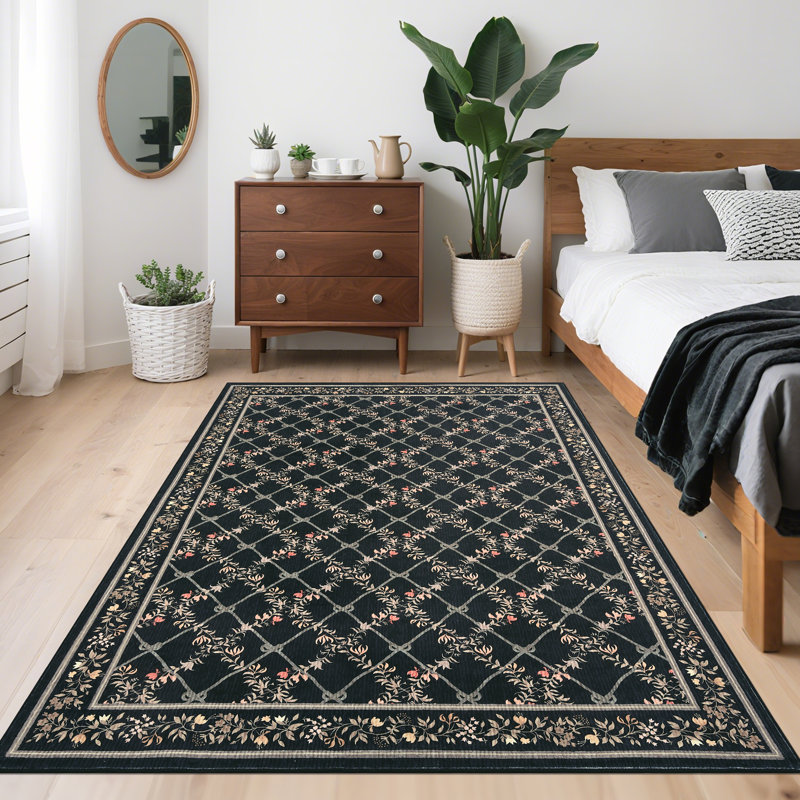 Modern Machine Washable Area Rugs Diamond Floor Mats with Non-Slip Backing, Non-Shedding Floral Print Accent Rug, Foldable Soft Low Pile Indoor Carpet