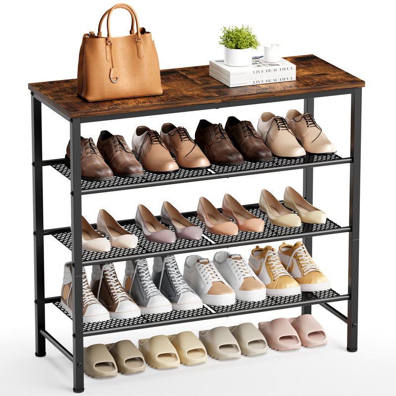 Shoe Rack - 4-Tier Shoe Organizer with Wooden Top & Leveling Feet, Easy-Assembly, Rust-Resistant Metal Shoe Shelf for Closet, Entryway, Bedroom, 29.5" x 11.4" x 24.8", Brown