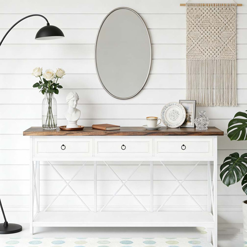 3-Drawer Console Table Sofa Foyer Table with Storage Shelf, White & Brown