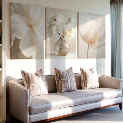 3 Pieces Elegant Floral Large Wall Art with Soft White Flowers in Vase, Three Pieces Wall Art for Living Room, Bedroom, and Office Decor, Framed Look