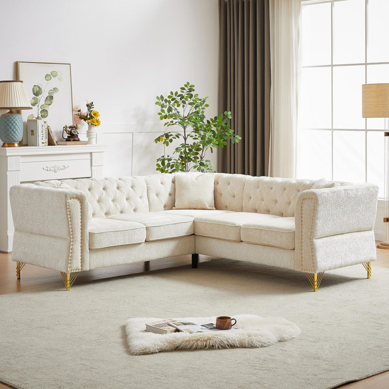 Canapé d'angle en chenille, canapé modulaire en L, canapés d'angle 5 places avec 3 coussins, Chenille beige