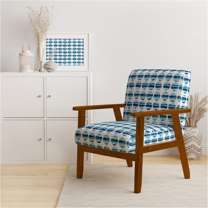 Fauteuil d'appoint rembourré à motif blanc et bleu, Accoudoirs carrés bruns