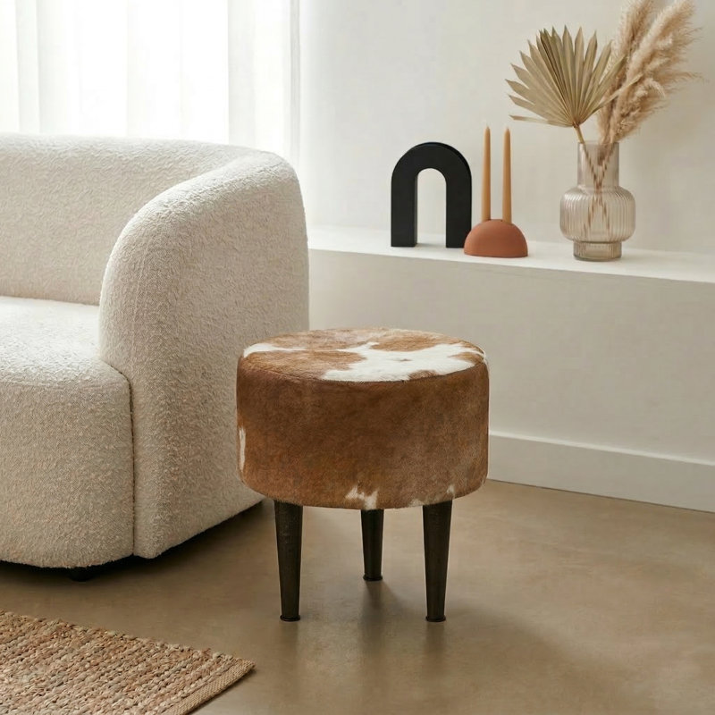 Tabouret à trois piédestal brun clair et blanc, Brun clair / Blanc