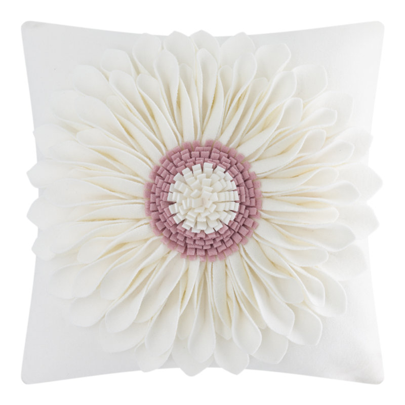 Appliqued Floral Accent Pillow Cover Sunflower Decorative Throw Pillow Case 18in, Cream White