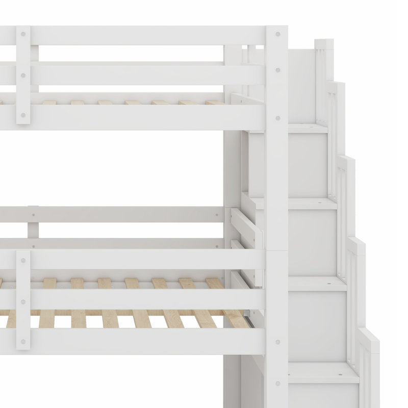 Lit superposé triple avec escalier de rangement, conception séparée, Blanc