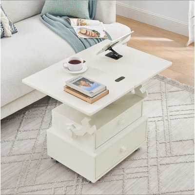 Table de bout roulante à hauteur ajustable laquée ultrabrillante avec station de charge et roues universelles avec freins, table à plateau relevable multifonctionnelle avec tiroirs de rangement pour la chambre à coucher du salon
