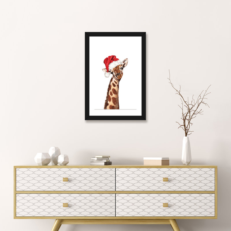 «Christmas Giraffe» par Big Nose Work - impression d'art graphique, H 24 po x l 16 po x P 1 po, Papier encadré noir, Blanc