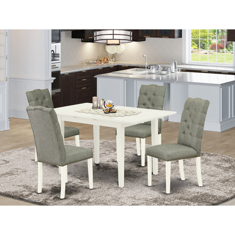 Ensemble de table de salle à manger rectangulaire en bois massif avec plateau papillon, Lin blanc, Gris / Blanc