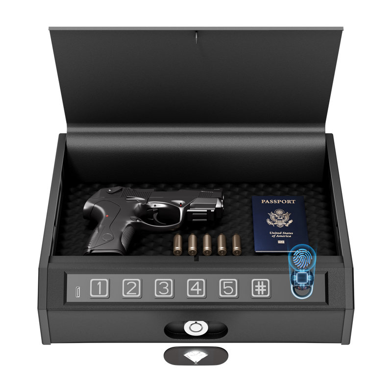 Coffre-fort pour armes à feu, coffre-fort biométrique pour pistolets, déverrouillage par empreinte digitale, NIP et clé, avec éclairage intérieur et alimentation de secours. Parfait pour la maison, la chambre, la table de chevet et la voiture.