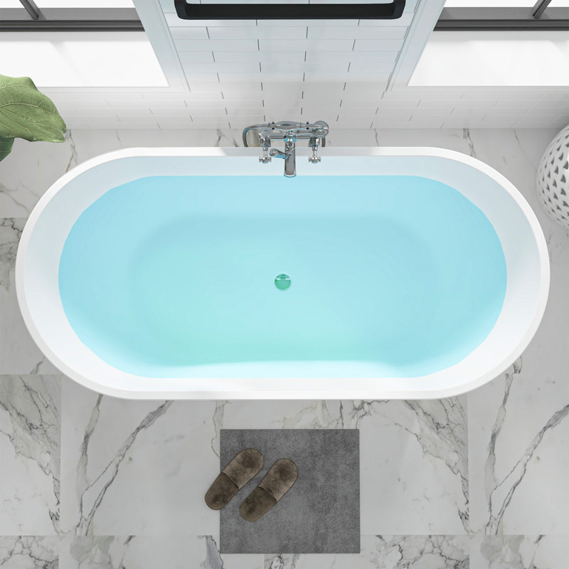 Vanity Art Antony 62 in. White Acrylic Oval Freestanding Soaking Bathtub with Center Pop-Up Drain