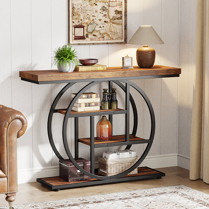 105 Cm Console Table with Storage Shelves, Light Brown, Black