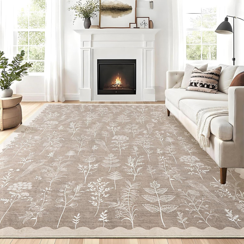 2x6 Washable Floral Runner Rug, Non-Slip, Low-Pile, Scalloped Pattern for Kitchen, Hallway, Laundry, Bathroom, Green