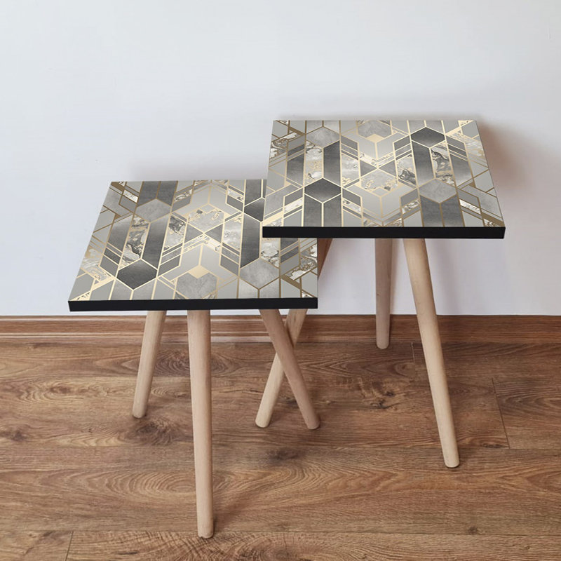 Modern Nesting Table Set (2 Pieces), Grey & Gold, 13.8 x 18.5 x 13.8 inches & 13.8 x 16.5 x 13.8 inches | 100% MDF with Beech Wood Legs, Stylish Geometric Design | Perfect for Living Room & Contemporary Decor