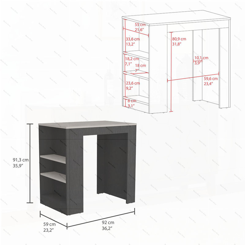 Harlan Kitchen Island, Counter Height Table Top with 3-Side Shelf, Black