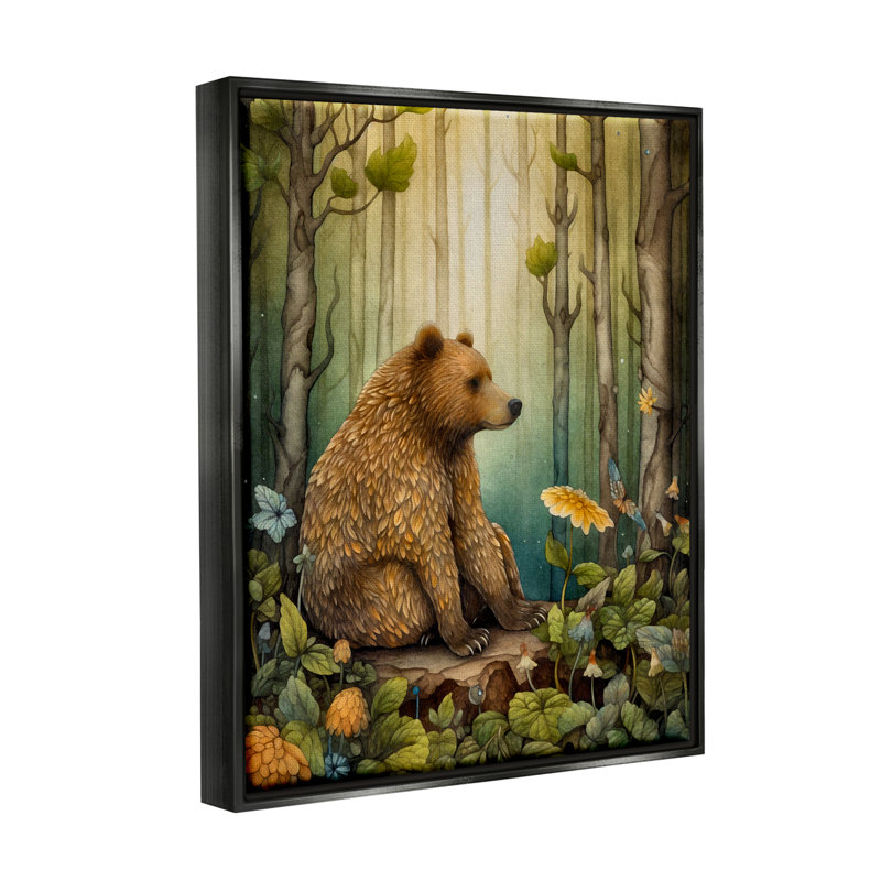 Ba-424 - Ours flottant dans une forêt magique, peinture sur toile par The Dutch Lady, Cadre flottant noir de jais