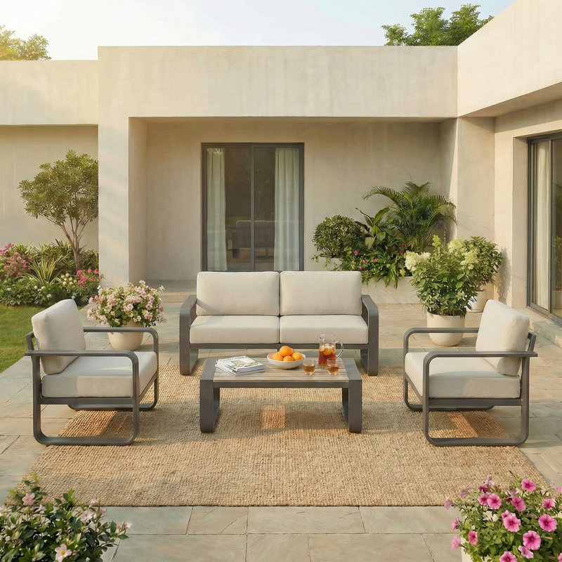 4 - Person Patio Conversation Set With Cushions, Light Gray Cushion/Black Frame, 4 Pcs: Loveseat, 2 Chairs, Coffee Table