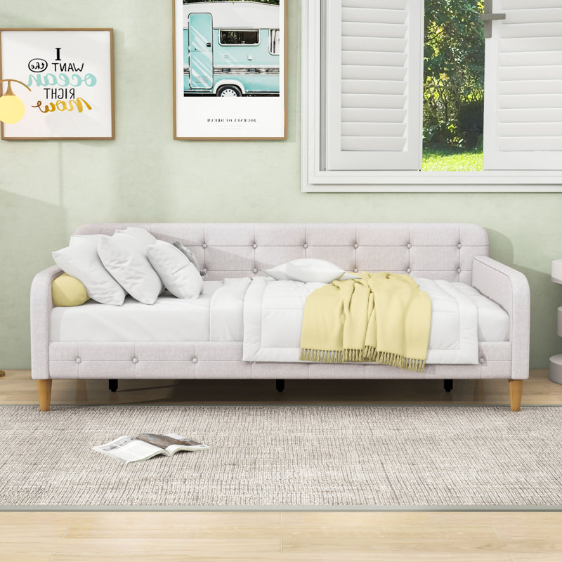 Élégant lit de jour rembourré en lin avec accoudoirs, Beige, Lit simple