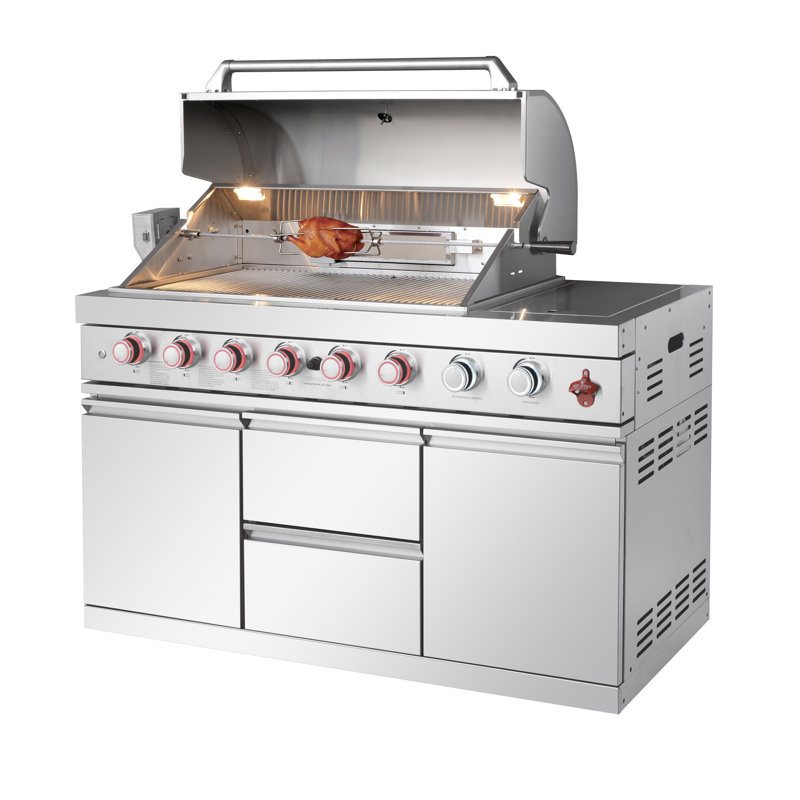 Îlot de cuisine en acier inoxydable pour barbecue à 6 brûleurs 99000 avec évier, rangement à double porte, réfrigérateur, armoire d'angle à trois niveaux, brûleurs à haute puissance, tiroirs spacieux, installation modulaire