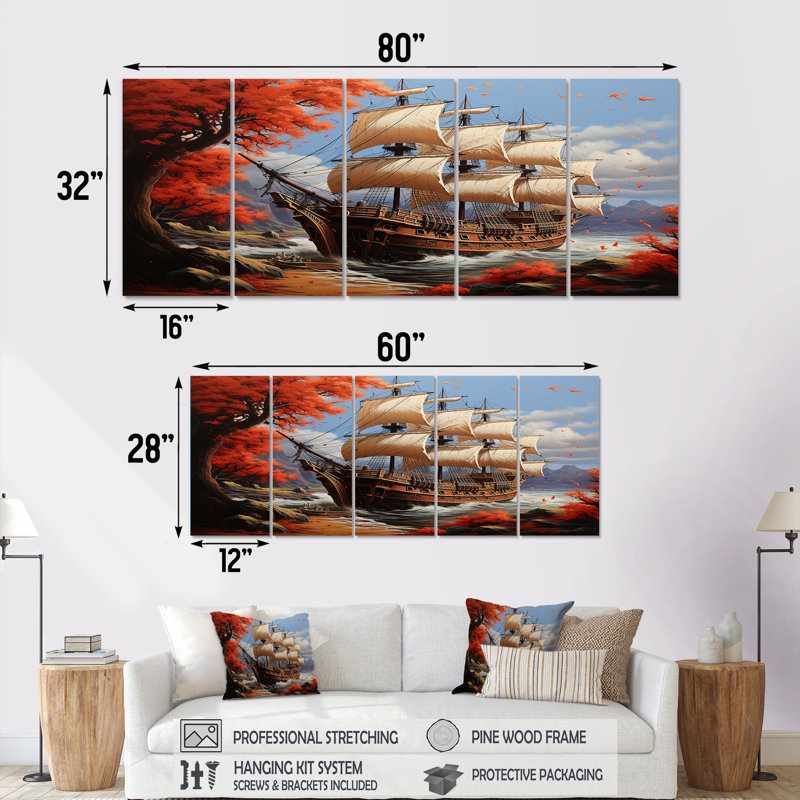 Antilles caribéennes II - pirate, art mural 5 pièces, H 28 po x l 60 po