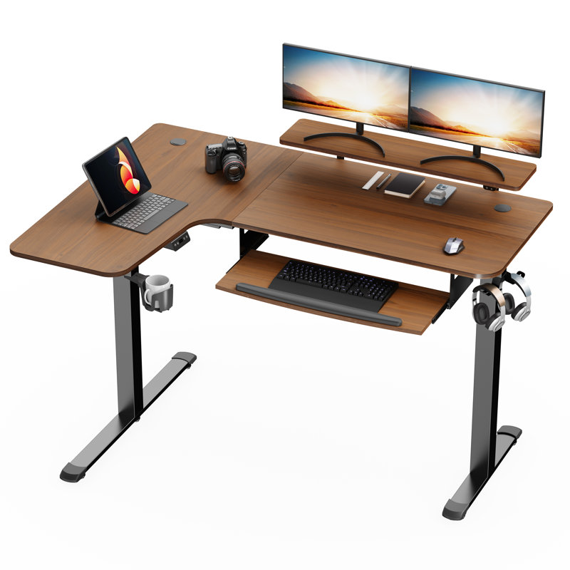 Adjustable L-Shaped Metal Base Standing Desk, Left Hand Return, Walnut/Black