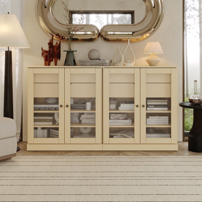 100% Solid Wood 64" Sideboard with Frosted Glass Doors, 4-Drawers