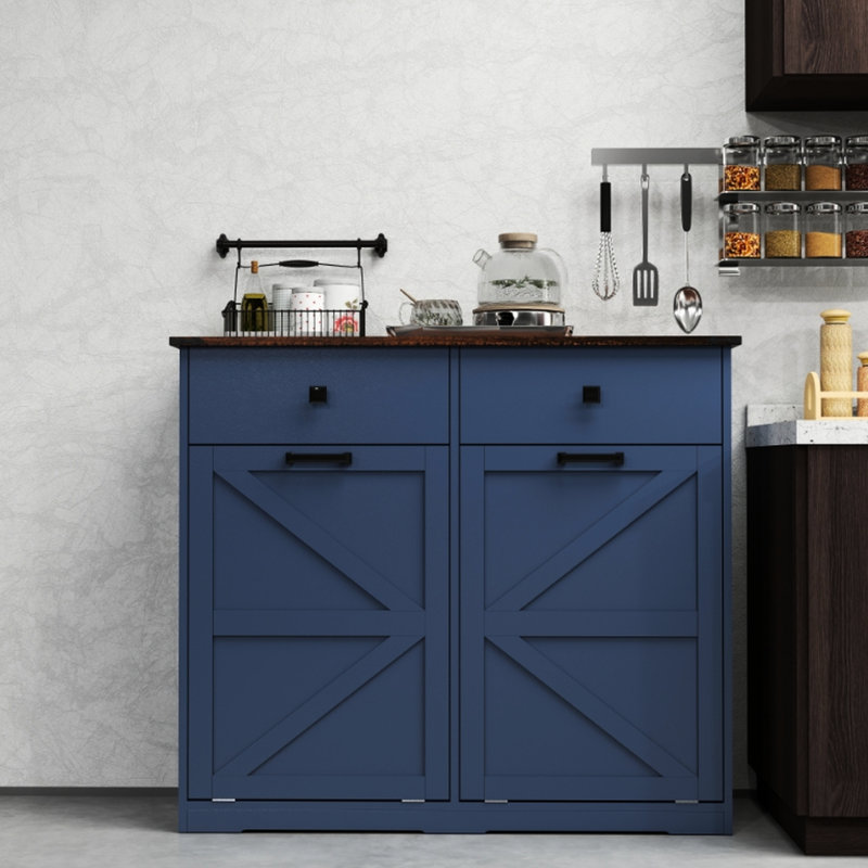 Armoire poubelle bleue 20 gallons, cachée et peu encombrante, de style porte de grange avec 2 tiroirs et charnières en métal