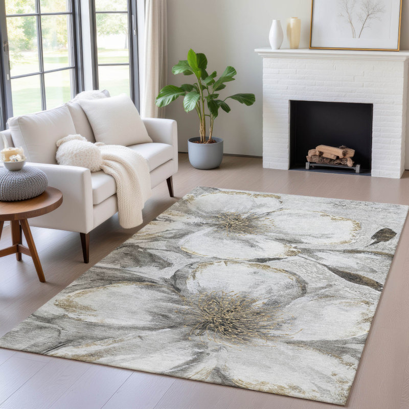 Machine Washable Indoor/Outdoor Xhevrie Silver Rug, Rectangle 8' x 10'