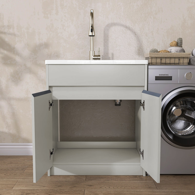 Freestanding 30'' Light Grey Laundry Sink Cabinet with Hot & Cold Water Faucet Drop-in Solid Surface Utility Sink
