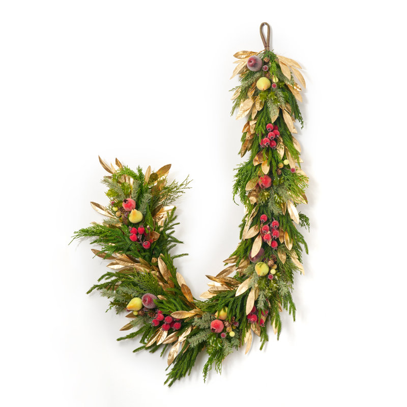 Chemin de table de Noël style Della Robbia de 1,80 m avec guirlande de fruits en sucre, cynorrhodons perlés et feuilles de laurier dorées