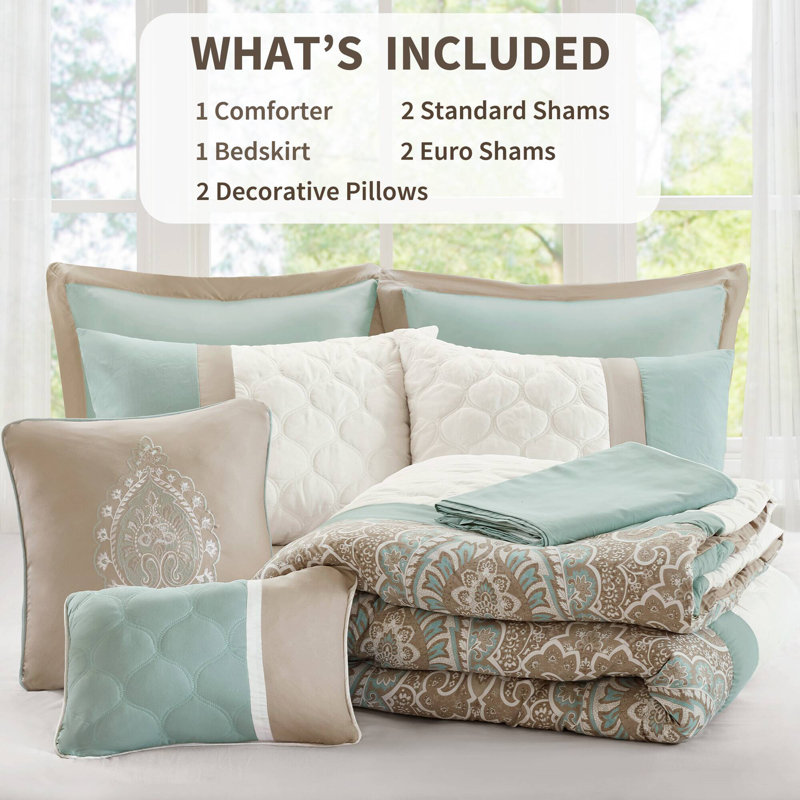 Shawnee 8-Piece Microfiber Damask Comforter Set, Queen Comforter + 7 Additional Pieces, Seafoam