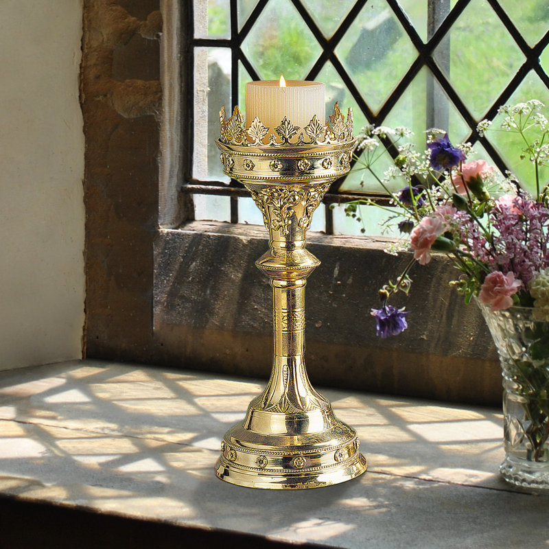 Regal Crown Brass Candlestick with Beaded Edges and Fretwork - 20"x12"