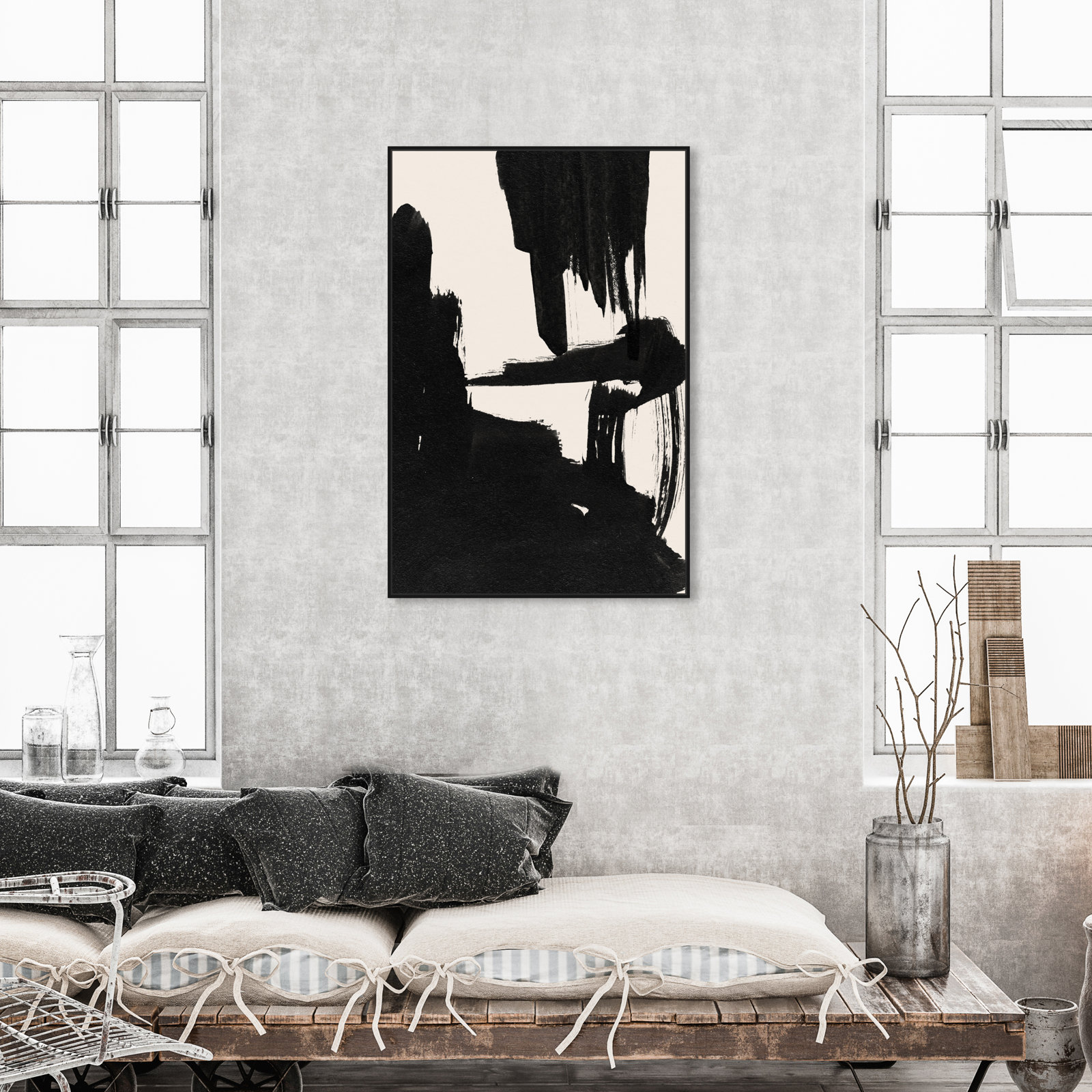 Abstract Black and White Brush Stroke Print, Black, 46" H x 31" W