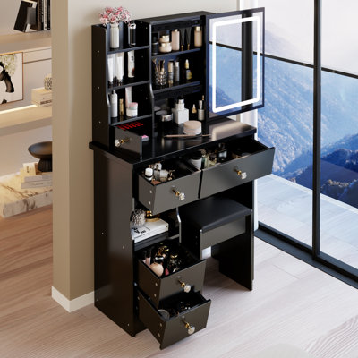Petite table de coiffeuse avec tiroir de gauche, tabouret rembourré, miroir à DEL tricolore, espaces de vie intimes, espace confortable