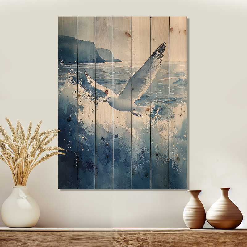 Mouette dans la brise II - Décoration murale en bois d'oiseau - sur bois de pin naturel, H 20 po x l 10 po x P 0,78 po